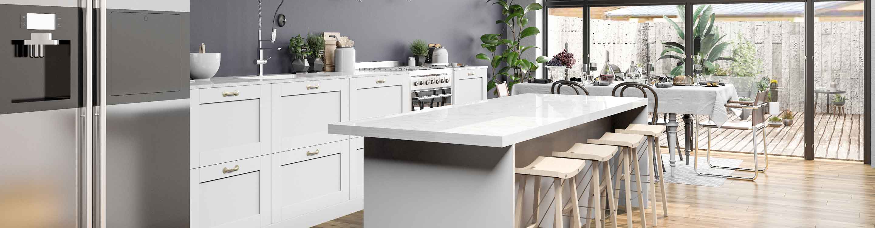quartz white countertops in white kitchen