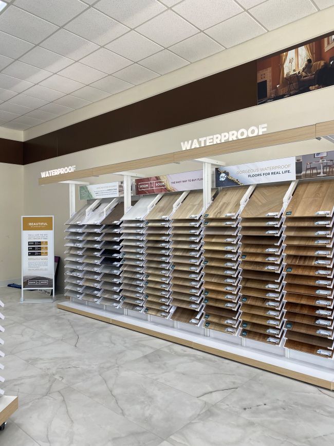 Waterproof flooring display at Carols Carpet One 